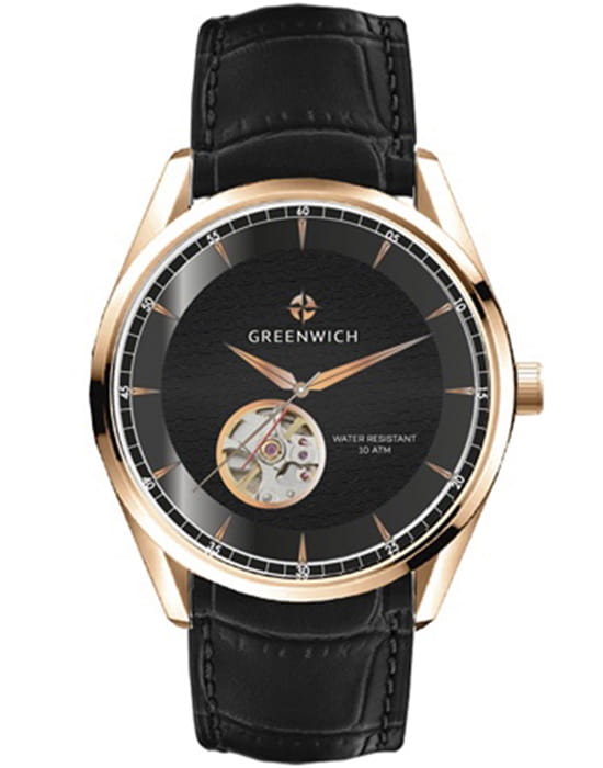 Greenwich Greenwich GW 075.41.31  GW 075.41.31 механические мужские часы черный циферблат, браслет кожаный — вид спереди